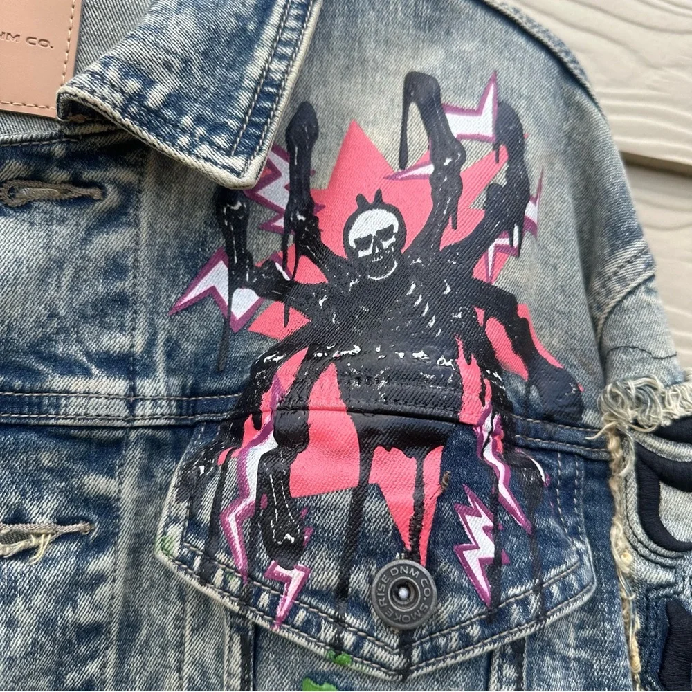 Smoke Rise Denim Jean Jacket Graffiti Streetwear‎ Distressed Stretch Men’s Large